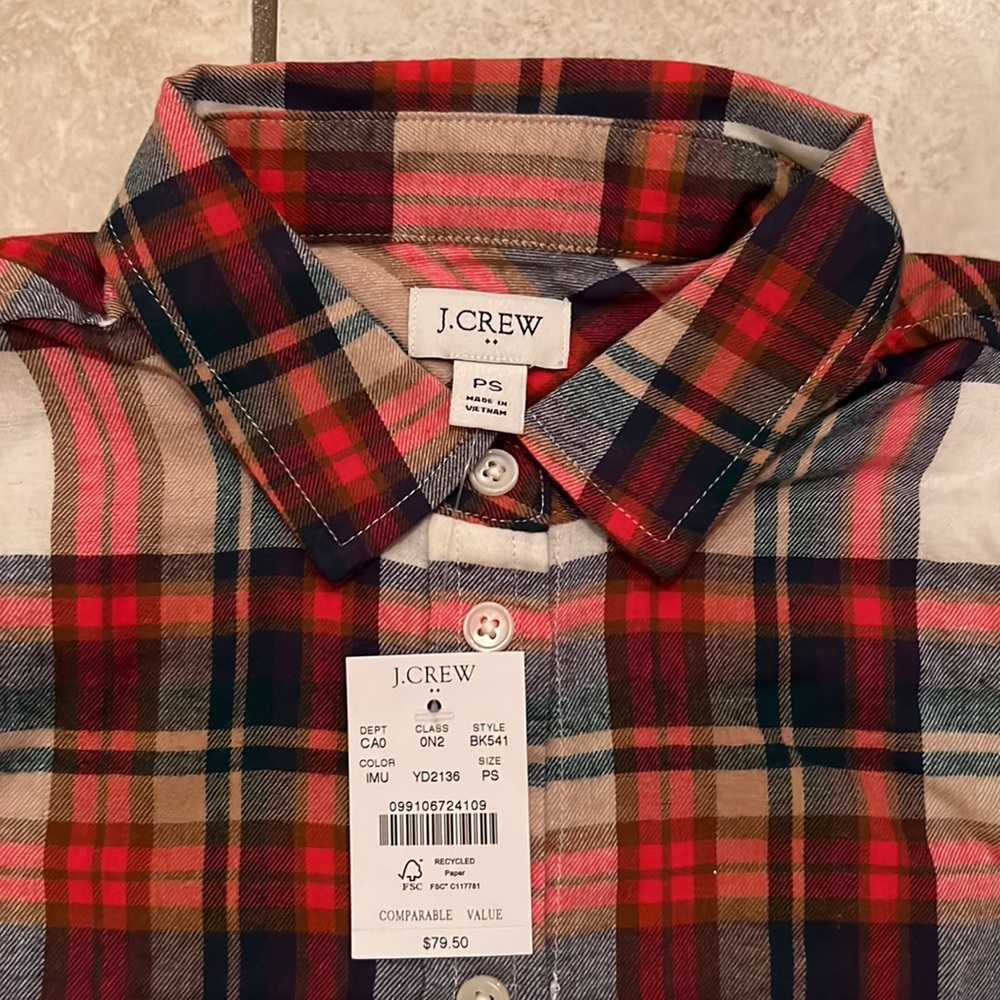 J.Crew Button Down Shirt Size PS red/tan/Blk Plaid New With Tags